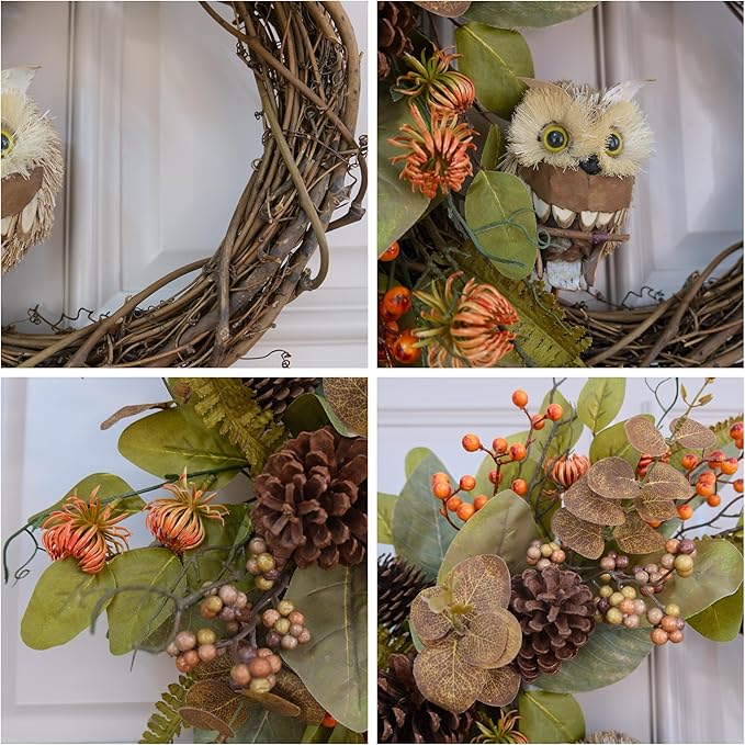 Fall Owl Wreath for Front Door 24 Inch, Autumn Natural Pine Cones Faux Eucalyptus Magnolia Leaf Berry Wreath, Fall Decor for Home Farmhouse Door Wall Window Porch Indoor/Outdoor