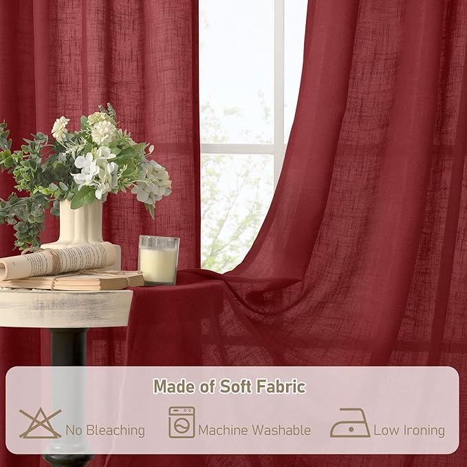 LAMIT Burgundy Red Sheer Linen Curtains 63 Inch Length, Linen Textured Light Filtering Panels Bronze Grommet Christmas Decor Drapes for Bedroom/Living Room, 2 Panels Set, 34 x 63 Inch