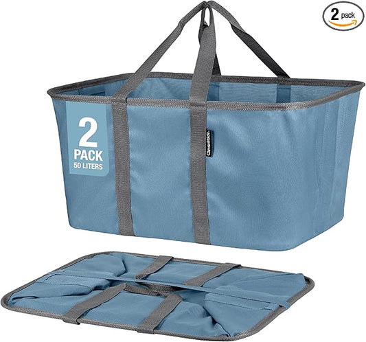 CleverMade Collapsible Laundry Tote - Denim Charcoal 2-Pack 50L - Foldable Storage Organization Container for Clothes Laundry Room Storage Solution