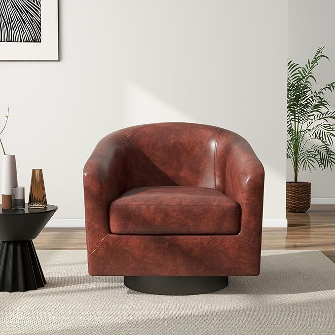 Swivel Barrel Accent Chair, Modern Round Faux Leather Arm Chair for Living Room, Bedroom, Comfy Club Reading Chairs for Adults(Faux Leather, Red Brown, Set of 2)