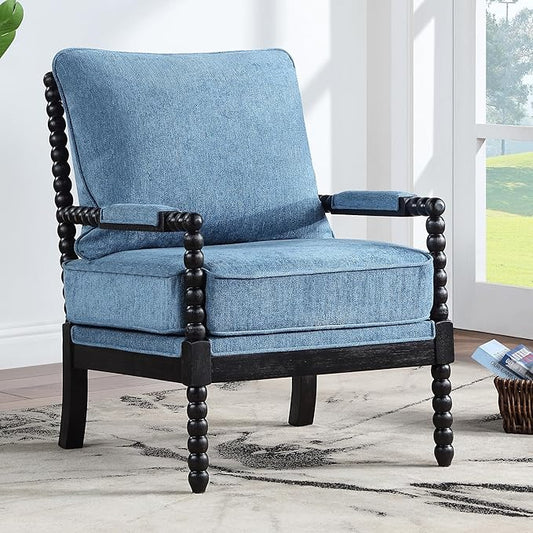 DUHOME Linen Fabric Spindle Accent Chair with Wood Frame,Modern Accent Spool Chairs with Padded Spring Seat and Brushed Blue Base for Living Room Bedroom Farmhouse Home Office Belcony