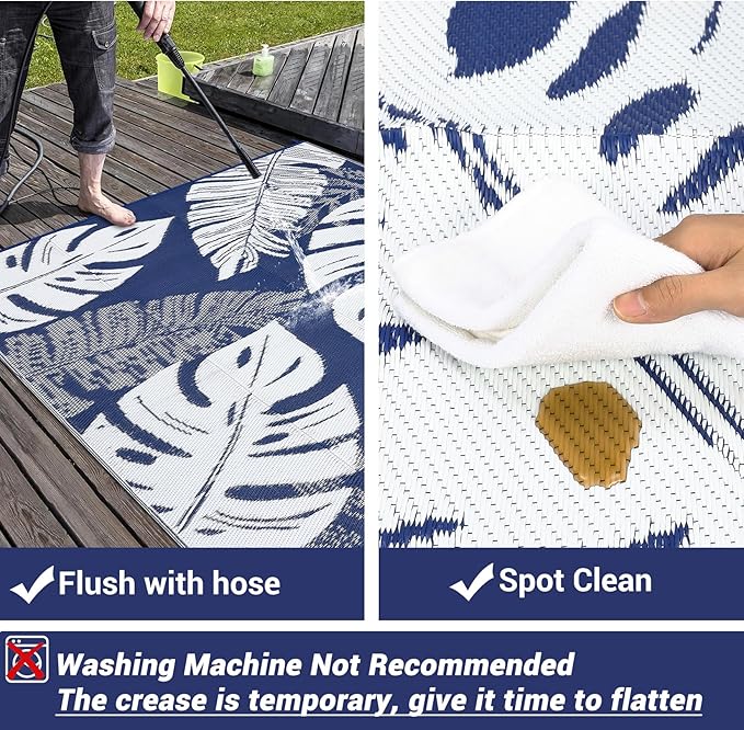 GAOMON Waterproof Plastic Straw Rug 9x12 Outdoor Patio Rugs, Reversible Modern Camping Mat with Bag & Stakes, UV Resistant & Easy to Clean Outdoor Carpet for RV, Deck, Balcony, Blue