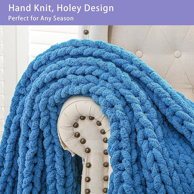 Bigacogo Chunky Knit Throw Blanket for Couch, 40x40 inches, 100% Hand Knitted with Thick Jumbo Chenille Yarn, Cozy Soft Large Rope Knot Cable Crochet Blankets for Sofa Bed Living Room, Bright Blue