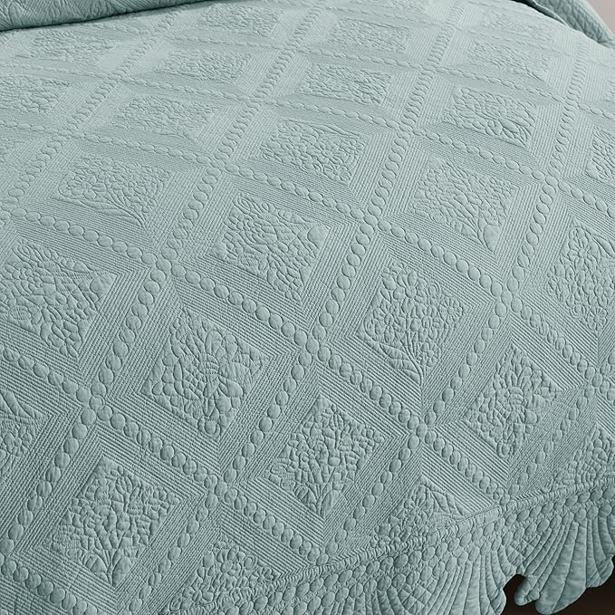 MarCielo 3-Piece 100% Cotton Oversized Bedspread Lightweight Quilt Coverlet Embroidery Farmhouse Bedding Set (Tk Aqua Green, Oversized Queen (100"x106"))