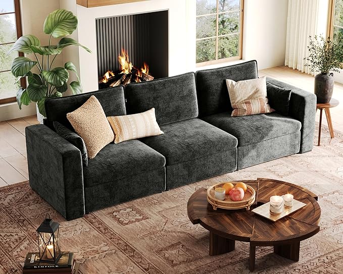 124.8'' Oversized Modular Sofa Comfy Cloud Couch with Storage, Extra Wide Sectional Sofa for Living Room, Covers Washable, 3-Seater, Chenille, Black