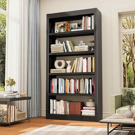 Bookshelf, 5 Tier Metal Bookshelf, 69" H Tall Bookcase with Adjustable Shelves, Large Industrial Bookshelves for Living Rooms, Home Offices, Library, 10 Minutes Assemble