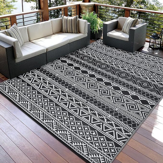 GAOMON Outdoor Plastic Straw Rug, 10'x14' Reversible Sage Green Patio Mat, Flower Modern Design for RV, Backyard, Deck, Camping, Picnic, Black/White(Bohemia)
