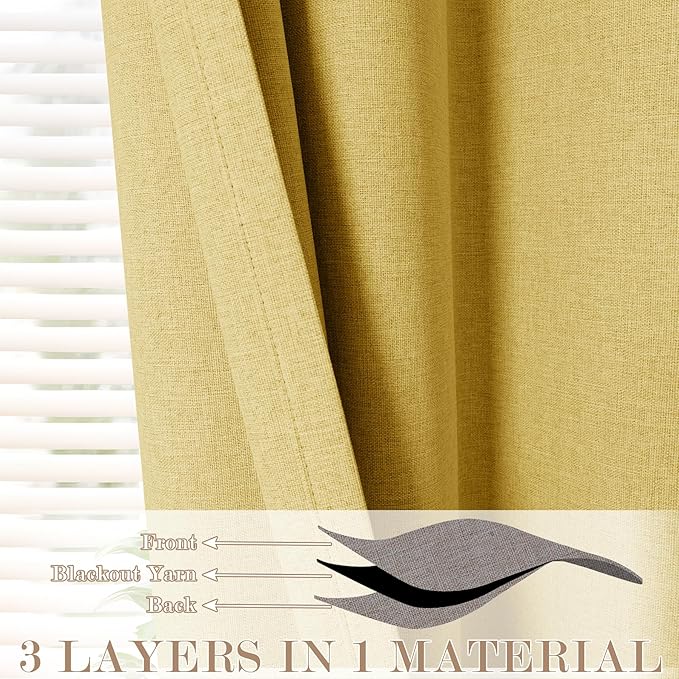 Yellow Pinch Pleat 100% Blackout Drapes Linen Blend, Room Divider, Room Darkening, Energy Saving, Furniture Protecting, Light Blocking Extra Wide Privacy Curtains, 200Wx102L, 1 PC