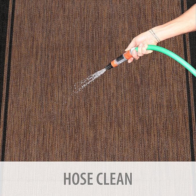 CAMILSON Indoor Outdoor Rug, 6x9 Bordered Nut Brown Black Modern Area Rugs for Indoor and Outdoor Patios, Kitchen and Hallway Mats, Washable Porch Deck Outside Carpet (Bordered Nut Brown Black, 6 x 9)