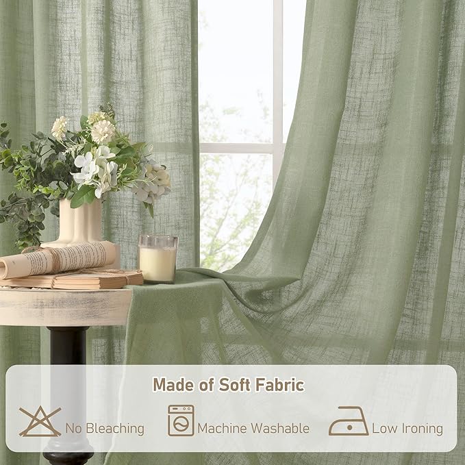 LAMIT Short Linen Window Curtains 30 inches Long 2 Panels, Sage Green Semi Sheer Light Filtering Panels Bronze Grommet Linen Textured Neutral Boho Christmas Drapes for Kitchen/Cafe, 34 x 30 Inch