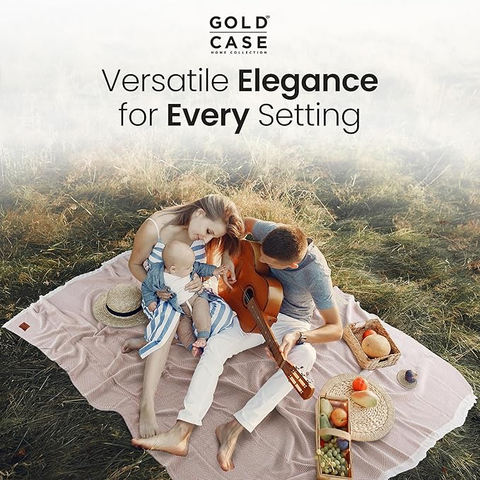 Gold Case Throw Blanket for Bed – 100% Recycled Turkish Cotton Bed Blanket – Decorative Throw Cotton Blankets for Living Room & Bedroom – Elegant Navy Blue Woven Queen Blankets – 90x90