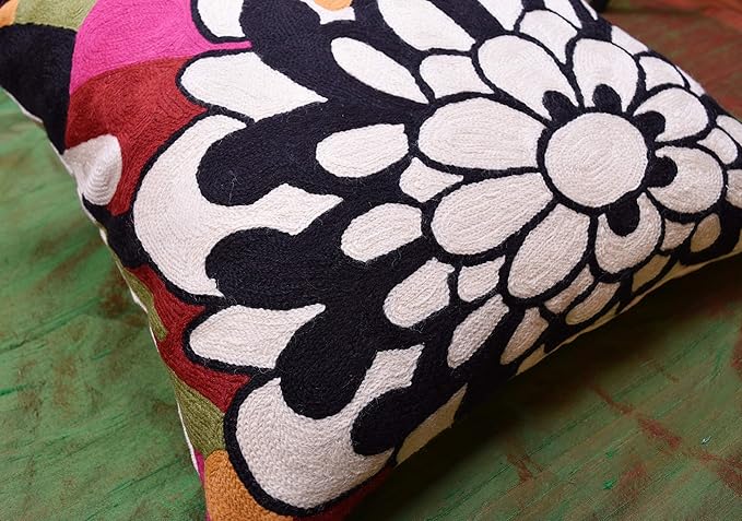 Black Daisy Floral Pillow Cover Flower Pillowcase Outdoor Suzani Accent Cushion Traditional Chair Cushions Hand Embroidered Wool Size - 18x18