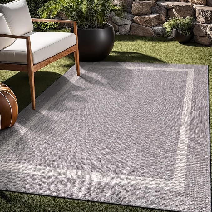 Bordered Outdoor Rug 9x12 Washable Outside Carpet for Indoor Patio Porch Waterproof Easy Cleaning Non Shedding Area Rugs Gray 9 x 12