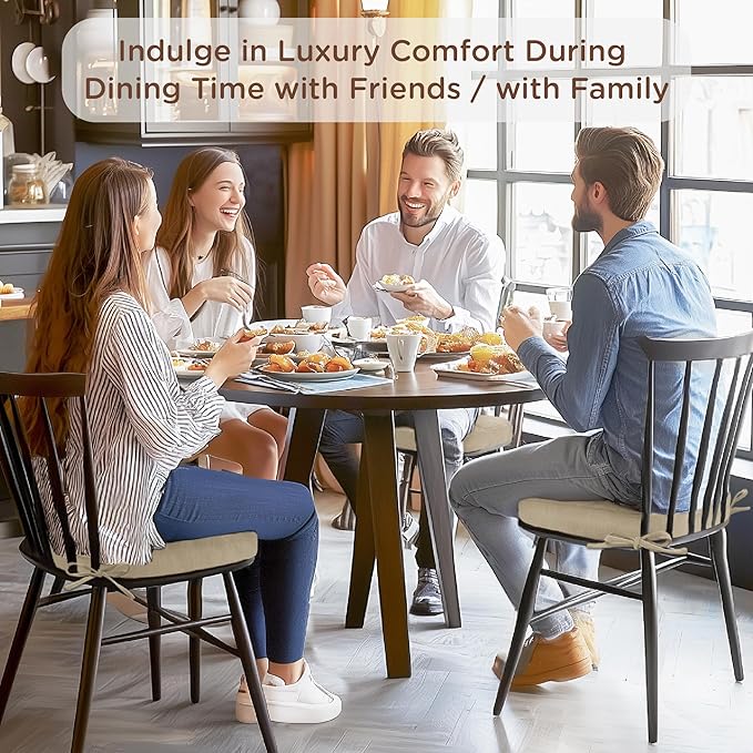 Codi 6 Pack Dining Chair Cushions, Thick Chairs Pads for Indoor Kitchen Room - Washable, Non-Slip Seat Cushion with Ties, 16.5"x16.5"x 3.5", Set of 6, Beige