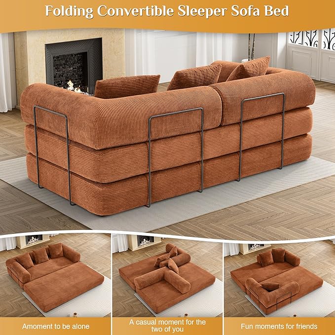 Convertible Sleeper Sofa Bed with Pillow, 4-in-1 Corduroy Folding Mattress Couch with Fixed-Shape Frame, Futon Fold Out Floor Sofa Cama Lounge Couch for Living Room Bedroom, Orange