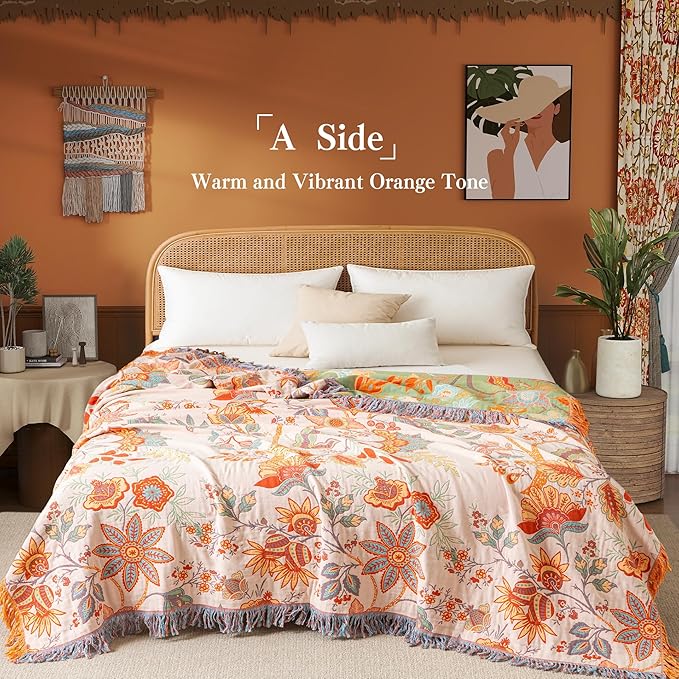 Boho Throw Blanket Queen Size, Soft Cozy Cotton Muslin Quilt Blanket for Bed Decor, Floral Patterned Couch Sofa Chair Cover, Vintage Farmhouse Cottage Tapestry Woven Blanket, Coral&Green