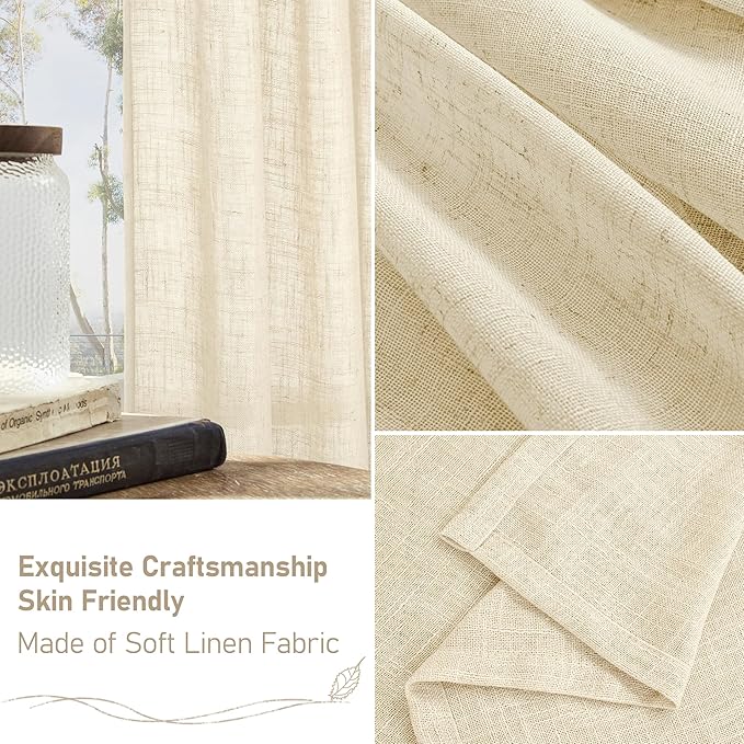 LAMIT Beige Linen Curtains 63 inches Length for Bedroom, Soft Thick Semi Sheer Light Filtering Bronze Grommet Window Treatments Decorative Drapes for Kitchen, 2 Panels Set, 34 x 63 Inch