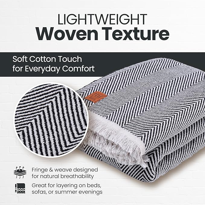 Gold Case Throw Blanket for Bed – 100% Recycled Turkish Cotton Bed Blanket – Decorative Throw Cotton Blankets for Living Room & Bedroom – Elegant Black Woven Queen Blankets – 90x90