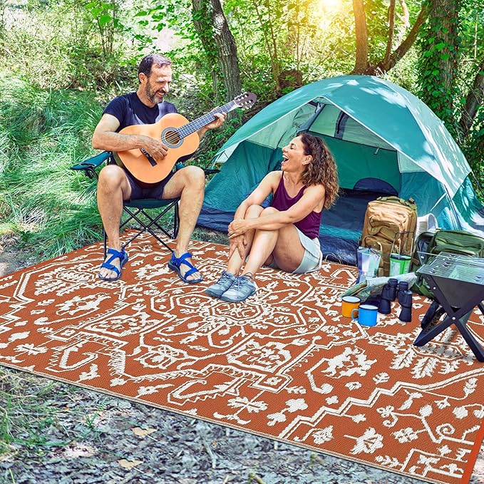 Outdoor Rug 8x10 Waterproof Reversible Plastic Straw Mat, UV-Resistant Vintage Medallion Camping Carpet for Patio, Deck, Balcony, Picnic, Large Outside Floor Mat, Vintage Terracotta Brick/White