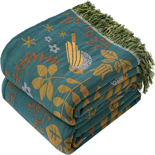 Boho Throw Blanket Twin Size, Soft Cozy Cotton Muslin Quilt Blanket for Bed Decor, Bird Patterned Couch Sofa Chair Cover, Vintage Farmhouse Cottage Tapestry Woven Blanket, Green&Beige