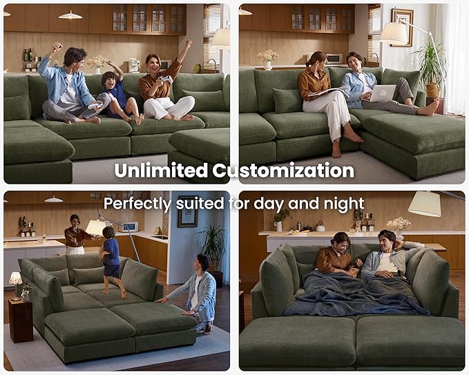 Oversized Modular Sofa, Extra Deep Cloud Chenille Sectional Couch with Ottoman Chaise, Fluffy Chenille 3 Seater Sofa for Living Room, Villa (Basic 3 Seater, Chenille Green)