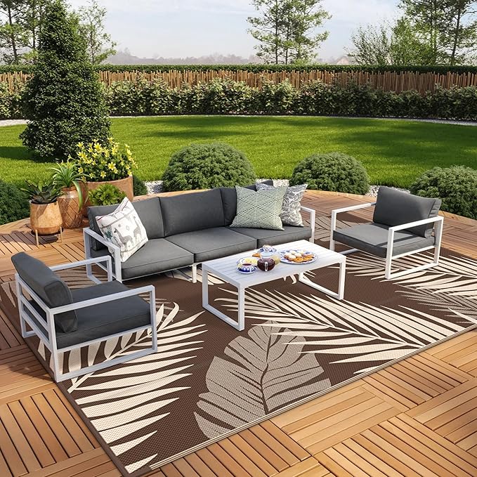 GENIMO Outdoor Rug 10' x 14' Waterproof for Patios Clearance, Reversible Outdoor Plastic Straw Camping Rug Carpet, Large Area Rugs Mats for RV, Camper, Deck, Balcony, Porch, Beach, Coffee&Beige