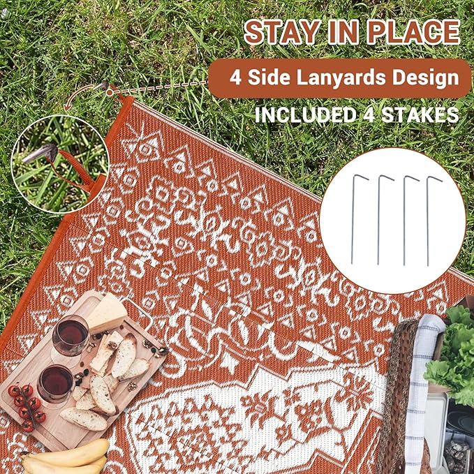 GAOMON Extra Large Outdoor Rug 10x20 Waterproof Plastic Straw Rug Reversible Vintage Patio Carpet, Portable Picnic Camping Mat with Bag & Stakes, Outside Carpet for Balcony Garden Yard, Orange Red