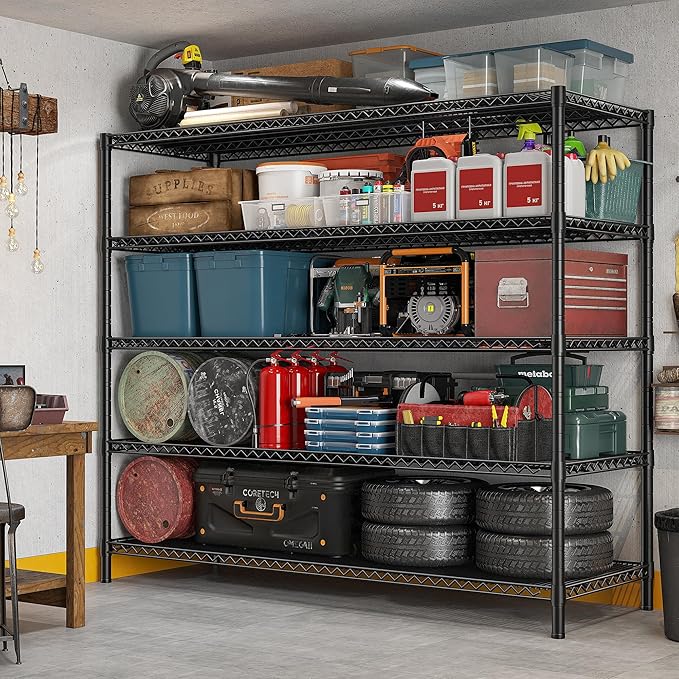 REIBII 85.7"H Storage Shelves 2998LBS Metal Shelving Units with Wheels&Feet, 5 Tier Garage Shelving Heavy Duty Adjustable Wire Shelf for Pantry Garage Commercial Industrials, 85.7"H X 55.5"W X 24.2"D