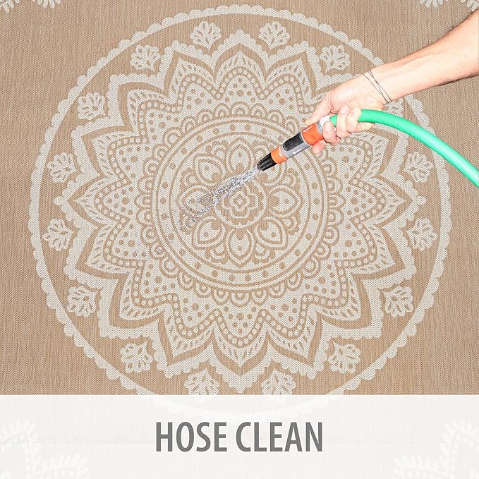 CAMILSON Outdoor Rug 9x12 Modern Area Rugs for Large Indoor and Outdoor Patios and Porches - Waterproof Washable Non-Shedding Easy-to-Clean Outside Carpet (9 x 12, Medallion - Beige/White)