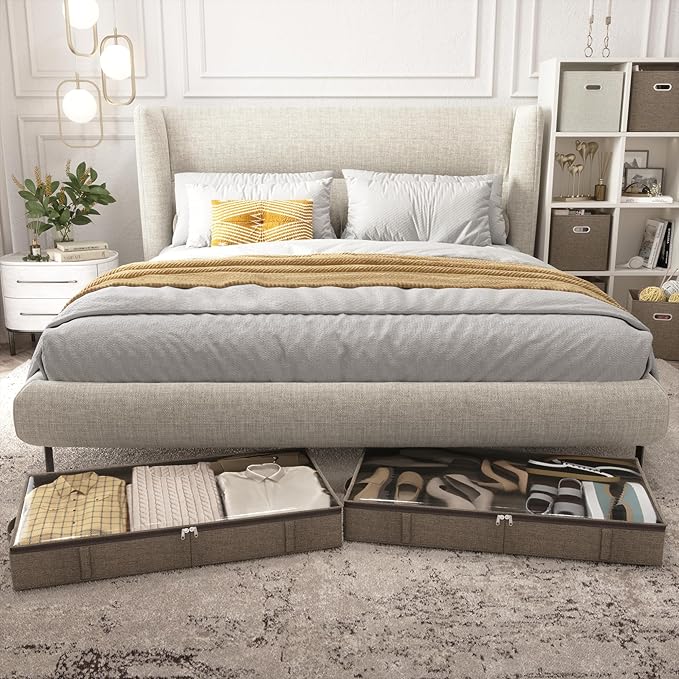 Brown Low Profile Under Bed Storage Containers 5 inches high, 33.8"x 17.7"x 5.1", Sturdy Underbed Shoe Storage Organizer, Foldable Fabric Under the Bed Storage Bins - Pack of 2