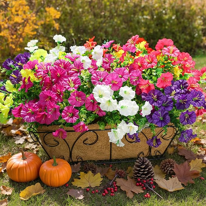 Artificial Flowers for Outdoors Fake Plants Outside Decoration, 12 Bundles Silk Colorful Morning Glory with Eucalyptus UV Resistant Realistic Faux Flowers for Planter Porch Patio Yard Garden