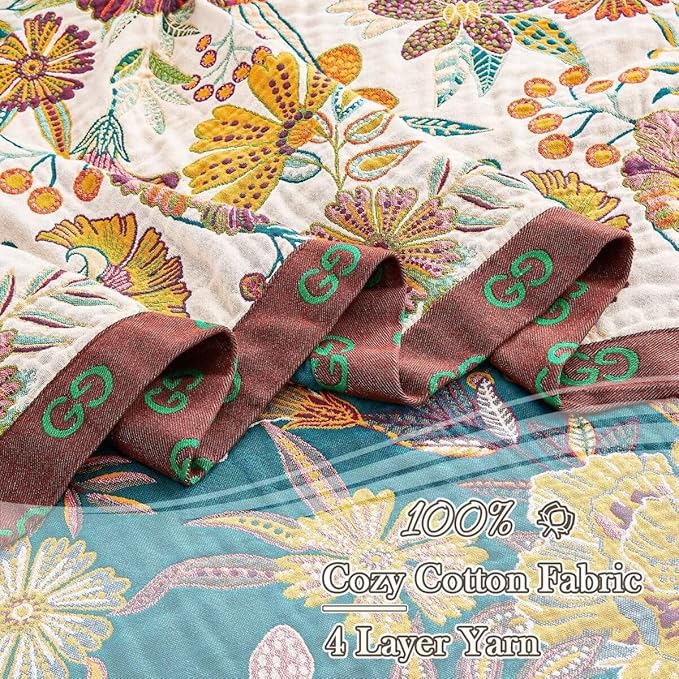 Boho Throw Blanket, 100% Cotton Ultra Soft Luxury Throw Rustic Quilt, 80"x90" Floral Printed Farmhouse Decor Bed Summer Blankets, All Season Rustic Reversible Bohemian Throw for Bed - White