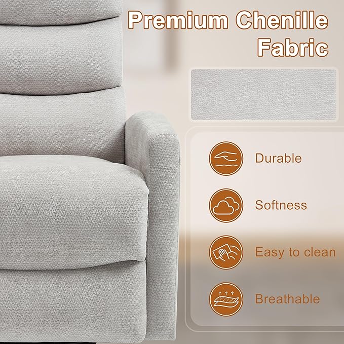 Manual Swivel Rocker Recliner Chair for Adults, Overstuffed Reclining Glider Chair for Nursing with Vibration Massage & Heat, Living Room Rocking Recliner 3-Stage backrest, Chenille Fabric Light Gray