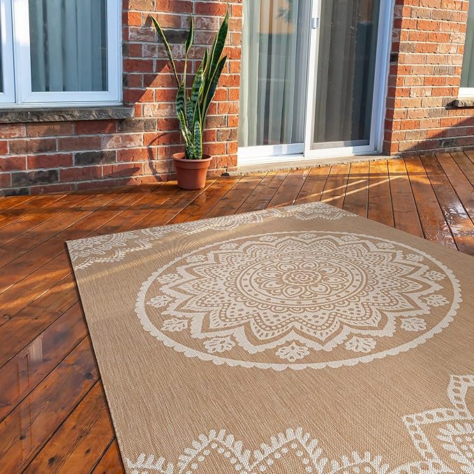 CAMILSON Outdoor Rug 6x9 Modern Area Rugs for Indoor and Outdoor Patios and Porches - Waterproof, Washable, Non-Shedding, Easy-to-Clean Outside Carpet (6 x 9, Medallion - Beige/White)