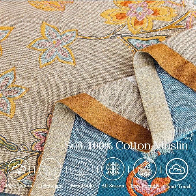 Boho Blanket, 100% Cotton Farmhouse Decorative Throw Blanket, 90"x98" Reversible Bohemian Throw Blanket, Brown All Season Muslin Breathable Woven Blankets Quilt