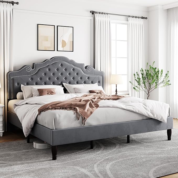 Allewie King Size Bed Frame with Adjustable Velvet Tiara Headboard, Upholstered Diamond Button Tufted Platform Bed, Wood Slats Support, No Box Spring Needed, Light Grey
