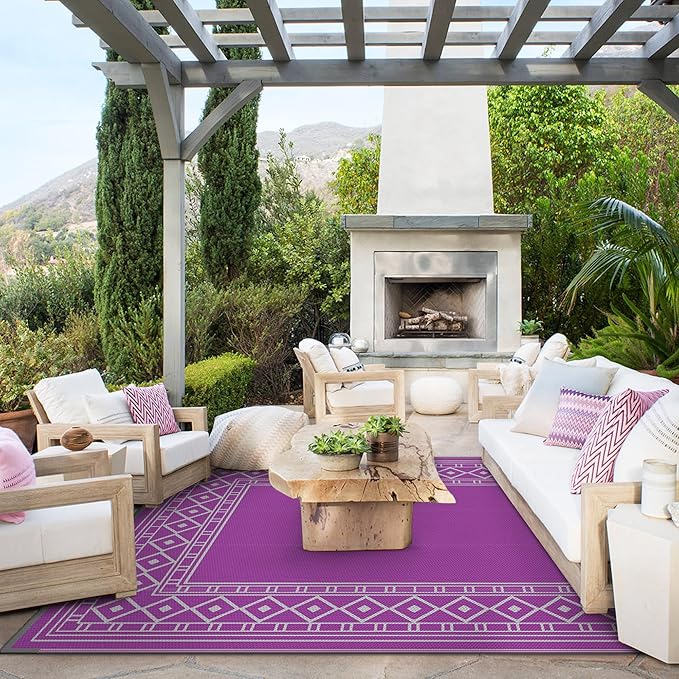 GENIMO Outdoor Rug Waterproof 6'x9' for Patio, Foldable Reversible Plastic Straw Carpet for Travel Trailers, Outside Area Mat for Rv, Deck, Picnic, Porch, Camper, Balcony, Beach, Purple & Grey