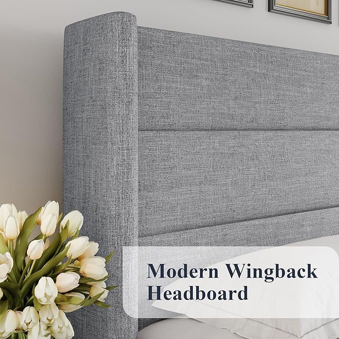 Allewie Queen Size Lift Up Storage Bed, Modern Wingback Headboard, Hydraulic Support, No Box Spring Needed, Light Grey