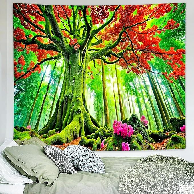 Delur Forest Tapestry Tree of Life Green Landscape Rainforest Wall Hanging Tapestry Colorful Mystical Nature Spiritual Psychedelic Headboard for Bedroom Living Room Home Decor (59.1" x 78.7")
