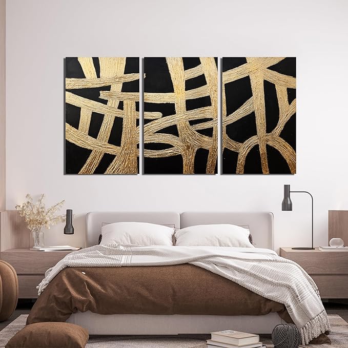 Canvas Wall Art Decor Large Wall Art Pictures for Living Room Black And Gold Wall Art Decor Artwork for Walls Abstract Textured Wall Art Prints Art Work For Room Office Home Wall Decor 24" X 36" *3pcs
