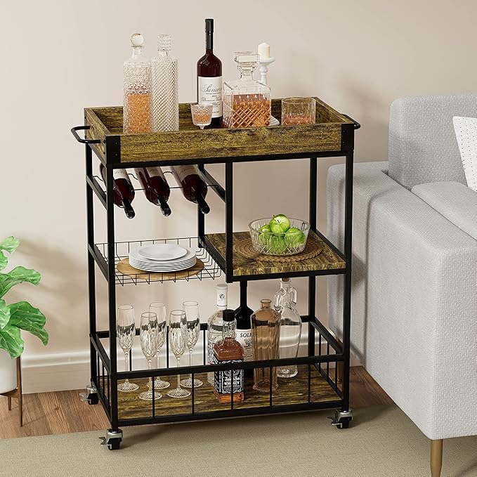 Bar Cart with Basket 3 Tiers Home Rolling Wine Rack with Wheels Mobile Kitchen Industrial Vintage Style Wood Metal Serving Trolley Serving Cart,Glass Holder Bar Cabinet