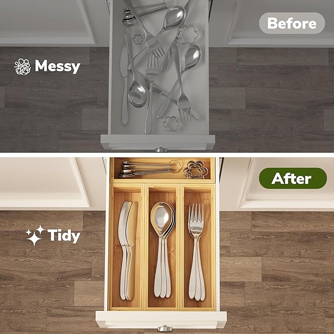 BAMEOS Silverware Organizer, Utensil Drawer Organizer, 4 Slots Kitchen Drawer Organizer, Bamboo Flatware Organizer for Drawer in Natural