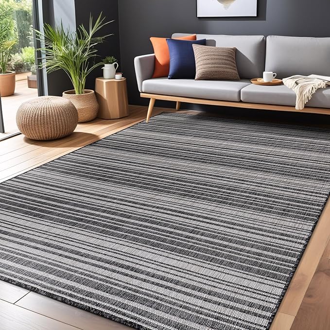 Stripe Outdoor Rug 10x14 Washable Outside Carpet for Indoor Patio Porch Waterproof Easy Cleaning Non Shedding Area Rugs Dark Gray 10 x 14