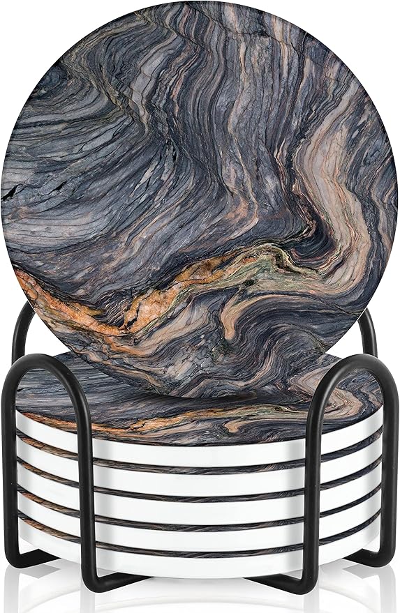 Emerson Coasters for Drinks Absorbent – Natural Stone Drink Coasters Set with Holder, Coasters for Coffee Table, Wooden Tabletop Protection Marble Style – 100% Heavy Duty Set of 6 (Magma)