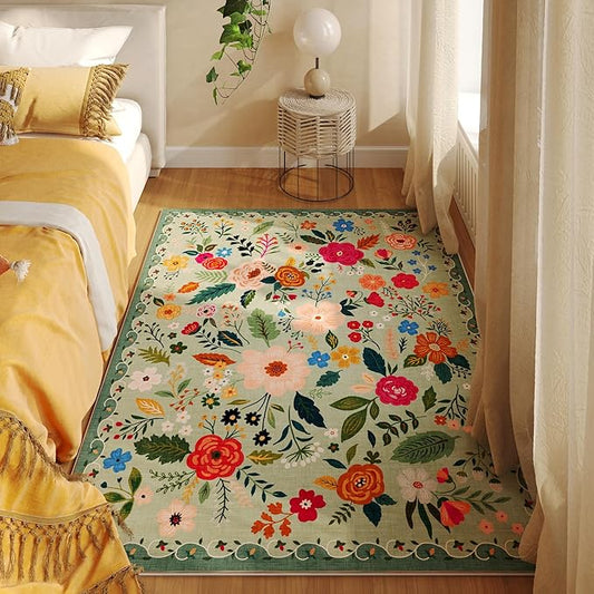 Bedroom Rug 3x5 Rug Washable Area Rug Non Slip Low Pile Boho Floral Small Carpet for Bedroom, Bedside, Kitchen, Entryway, Kids Room, Office, College Dorm Essentials for Girls(Green)