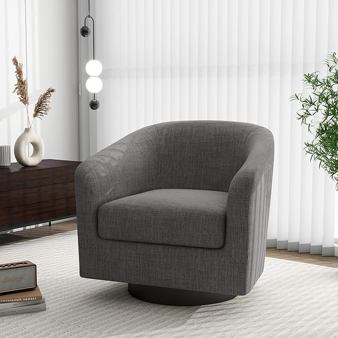 Swivel Barrel Accent Chair, Modern Round Linen Arm Chair for Living Room, Bedroom, Comfy Club Reading Chairs for Adults（Linen Fabric, Grey, Set of 4