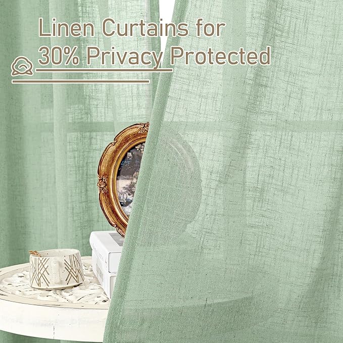 LAMIT Linen Curtains 90 Inch Length for Living Room 2 Panels, Fresh Green Bronze Grommet Light Filtering Semi Sheer Linen Window Drapes Farmhouse Boho Decor Curtains for Bedroom, 52 x 90 Inch