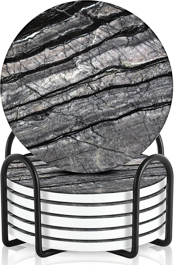 Emerson Coasters for Drinks Absorbent – Natural Stone Drink Coasters Set with Holder, Coasters for Coffee Table, Wooden Tabletop Protection Marble Style – 100% Heavy Duty Set of 6 (Obsidian)
