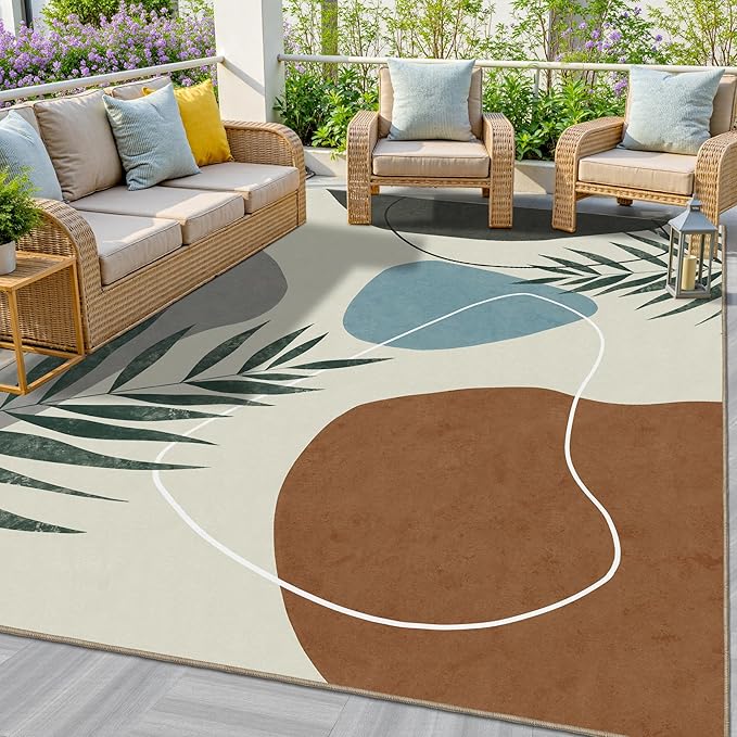 Indoor Outdoor Area Rug, Mid Century Outdoor Patio Rug, Washable Abstract Art Leaves Eucalyptus Rugs, Non-Slip Carpet for Camping, Living Room, Bedroom, Deck(5x8)