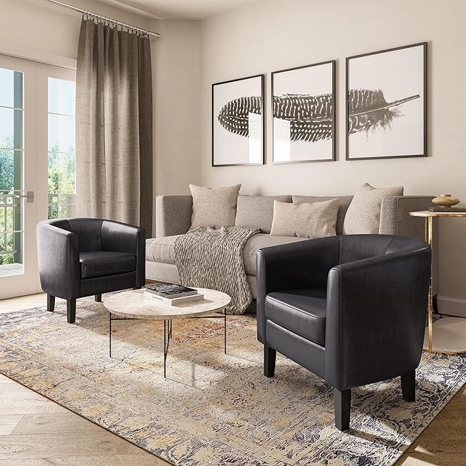 BELLEZE Accent Barrel Chair Set of 2, Linen Round Chair Club Tub Sofa Corner Chair with Flared Legs and Cozy Soft Padding for Living Room Bedroom Waiting Room - Brown